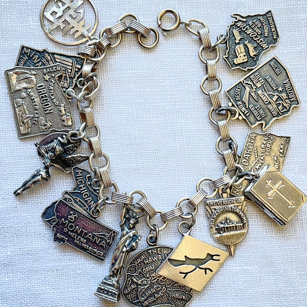 SOLD Vintage USA States Sterling Silver Charm Bracelet, USA Tourist So–  Papillon Vintage Shop