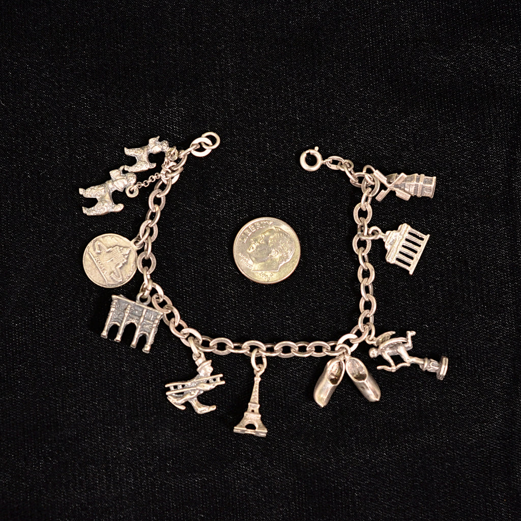 Vintage Sterling Silver Charm Bracelet, Mexican Souvenir Tourist Bracelet,  8 Charms 39.7 G 